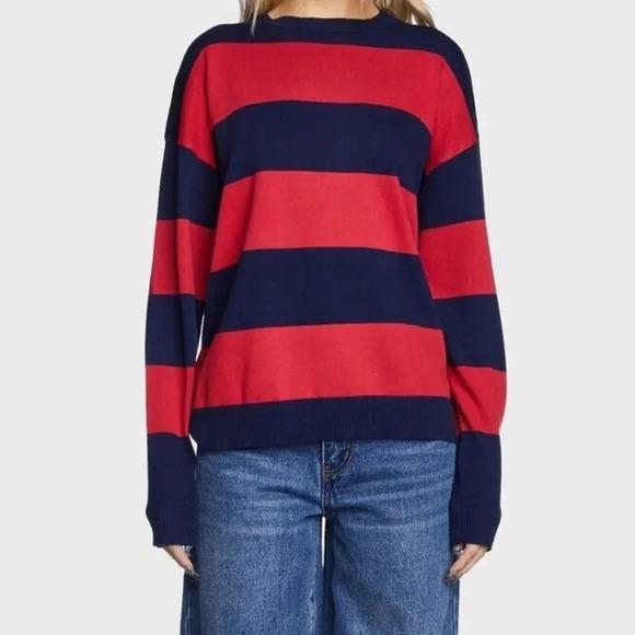 Edikted Sweaters - Edikted Women's Logan Light Knit Striped Pullover Sweater Blue and Red Size M/L